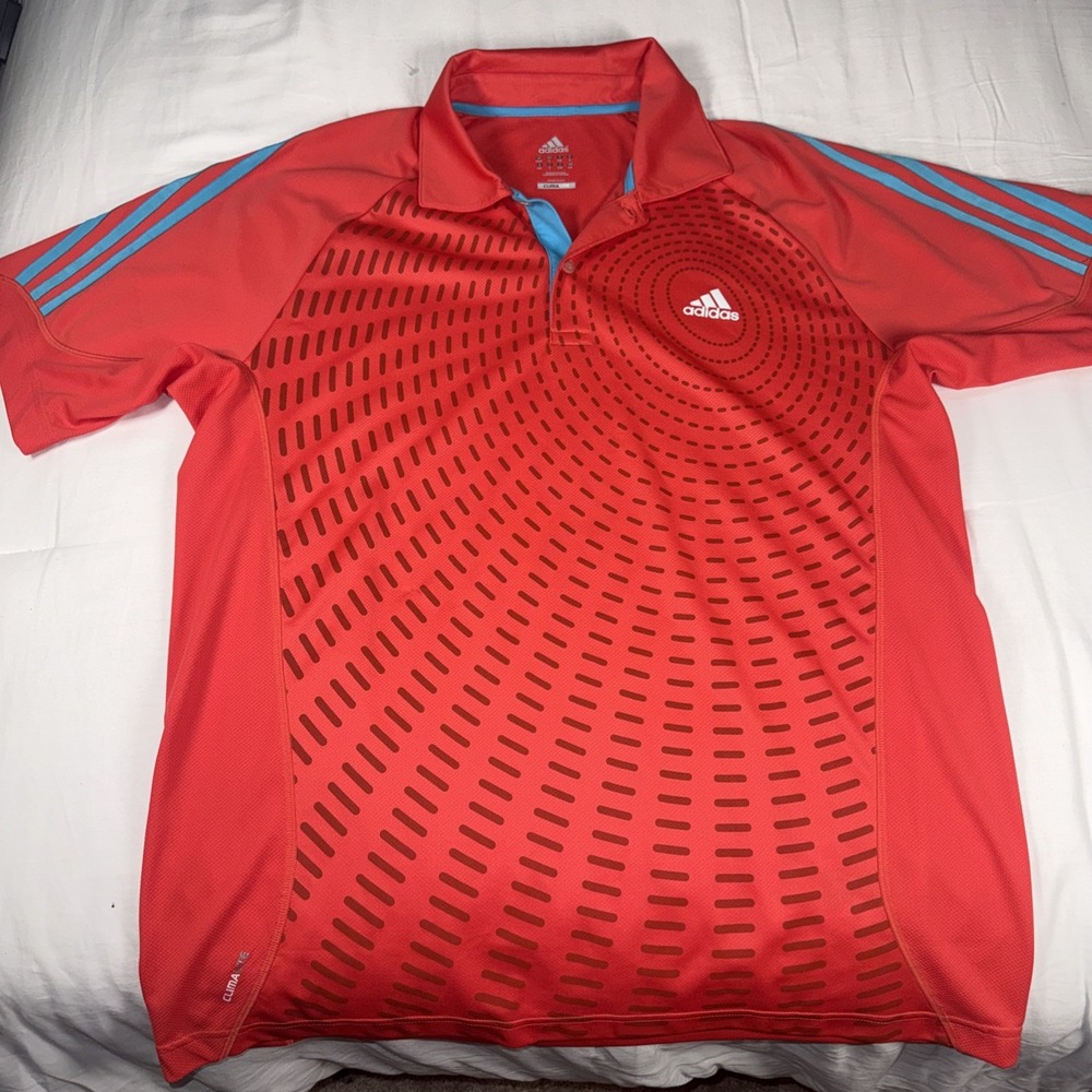 Adidas Golf Polo Shirt Mens Large Coral‎ Striped Climalite Performance Stretch